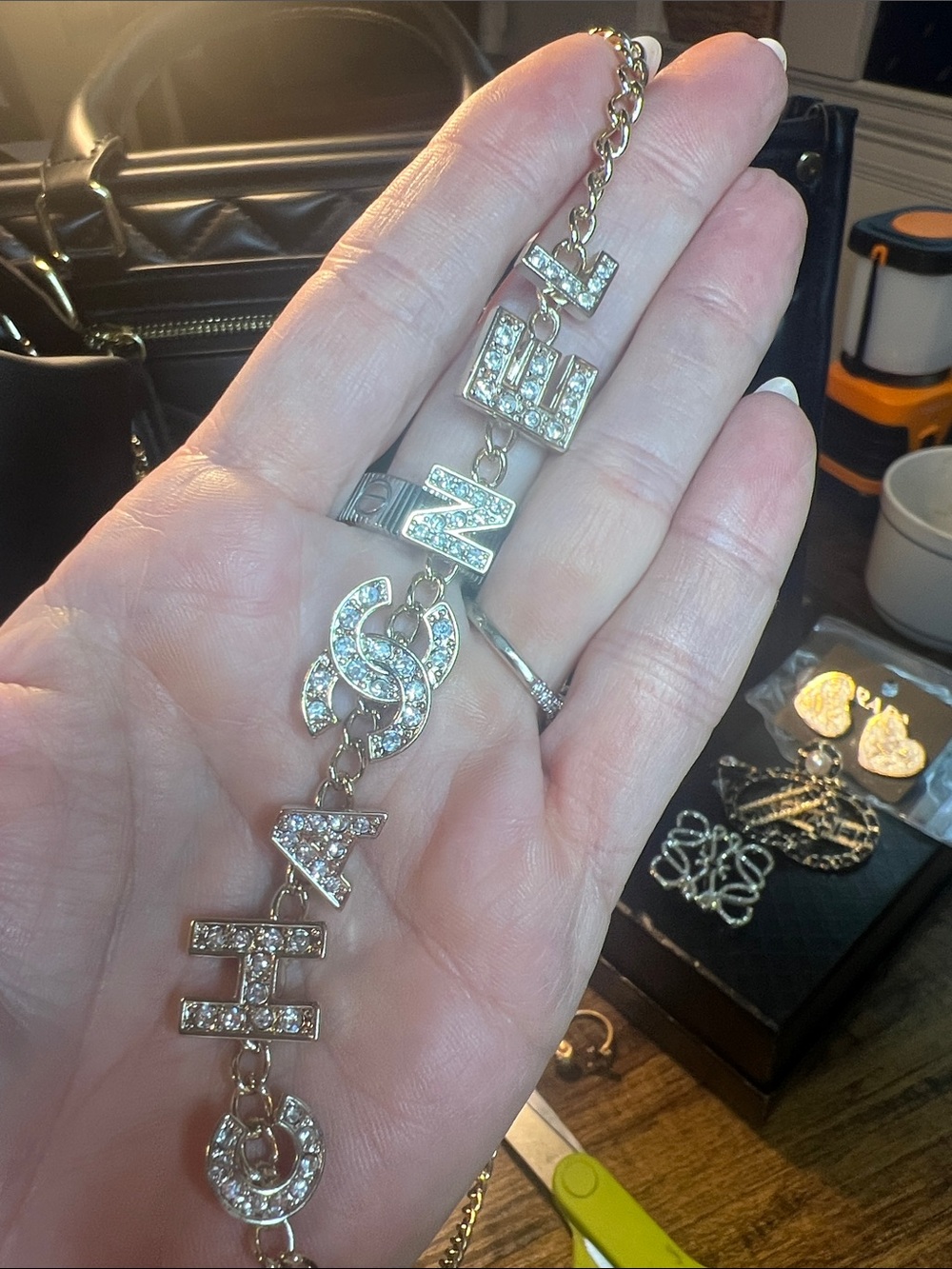 Gold Choker Style Crystal Letter Necklace with Interlocking Logo Accent